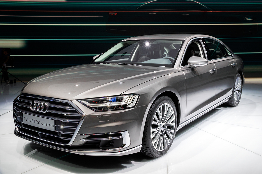 Audi A8 L 55 TFSI quattro car showcased at the Frankfurt IAA Motor Show.