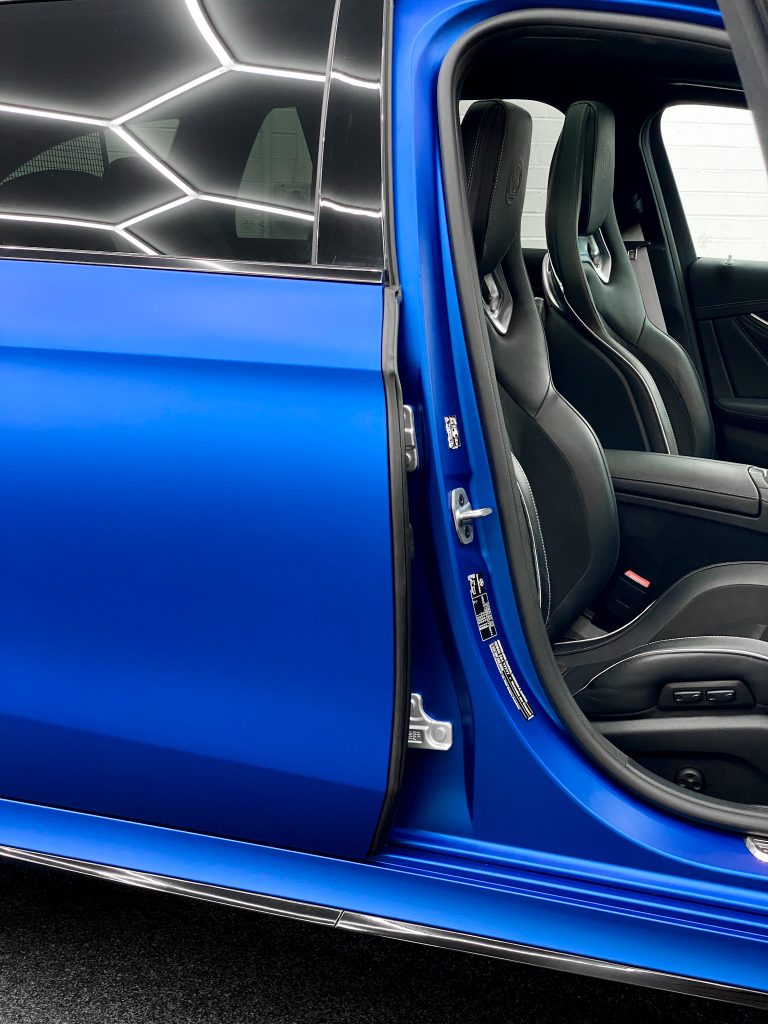 Affluent Auto Studios - Mercedes Benz E63s Matte Blue Wheels off New car  prep Suntek matte ppf custom front end, badges removed, rocker panels and  rear bumper Modesta BCM matte paint specific