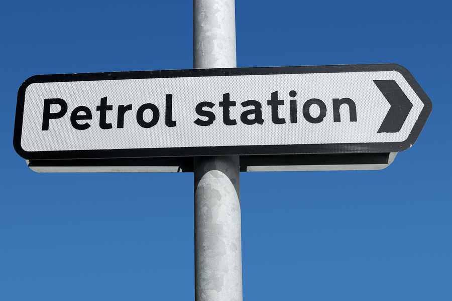 A British Petrol Station road sign close up.