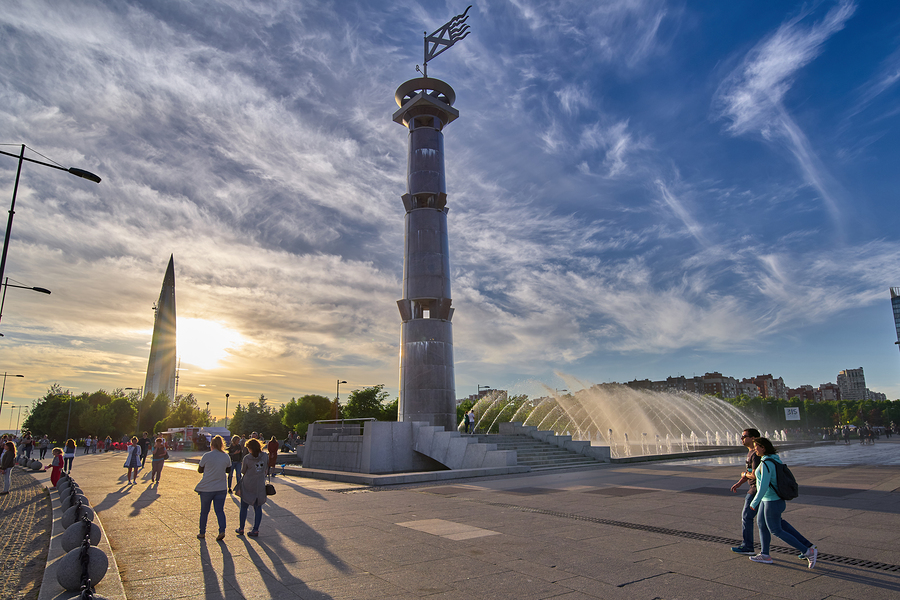 SAINT PETERSBURG, RUSSIA - JUNE 01, 2018: View of the park 300th anniversary of St. Petersburg, the lighthouse and the tower of Gazprom in St. Petersburg, Russia