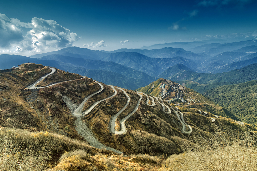 Beautiful Curvy roads on Old Silk Route Silk trading route between China and India Sikkim