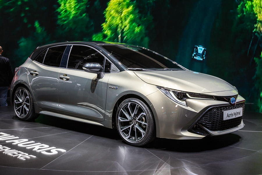 Toyota Auris Hybrid car showcased at the 88th Geneva International Motor Show.