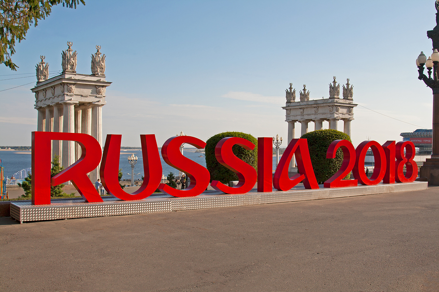 Volgograd Russia - September 23 2016: Installation of the inscription "Russia 2018" mounted on the Central promenade of Volgograd which will host FIFA World Cup in Russia