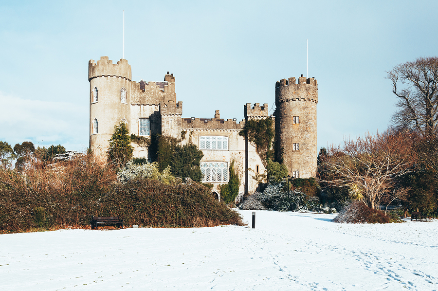 Malahide Castle in snow Co. Dublin Ireland.