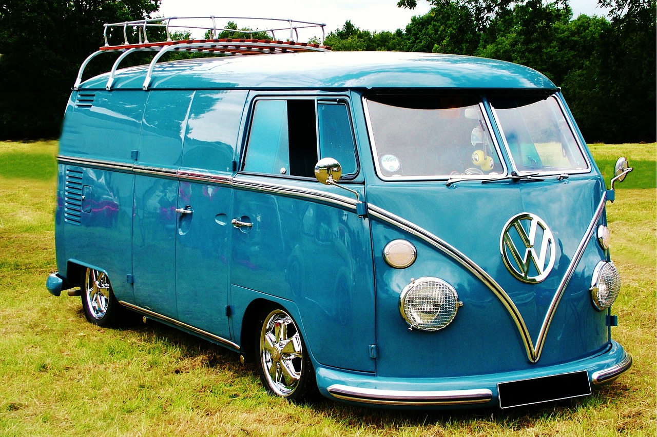 A Volkswagen camper van sits in a summer field. Image taken by Andrew Poynton.